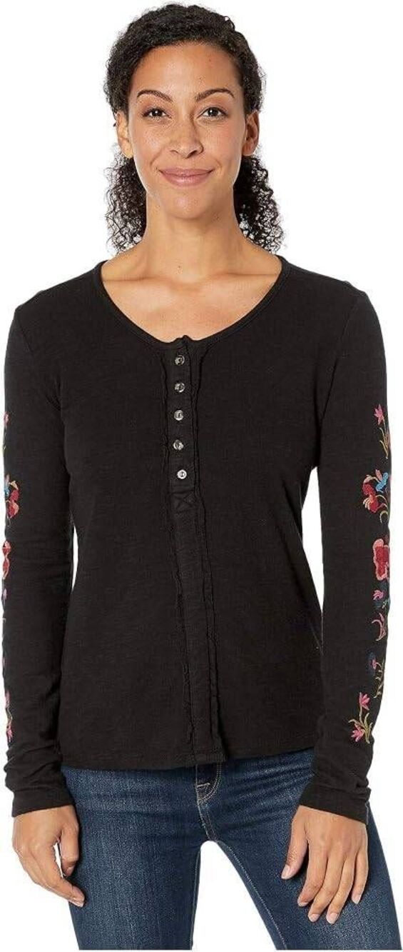 Aventura Black Floral Embroidered Organic Cotton Henley Knit Top Large Boho Basi